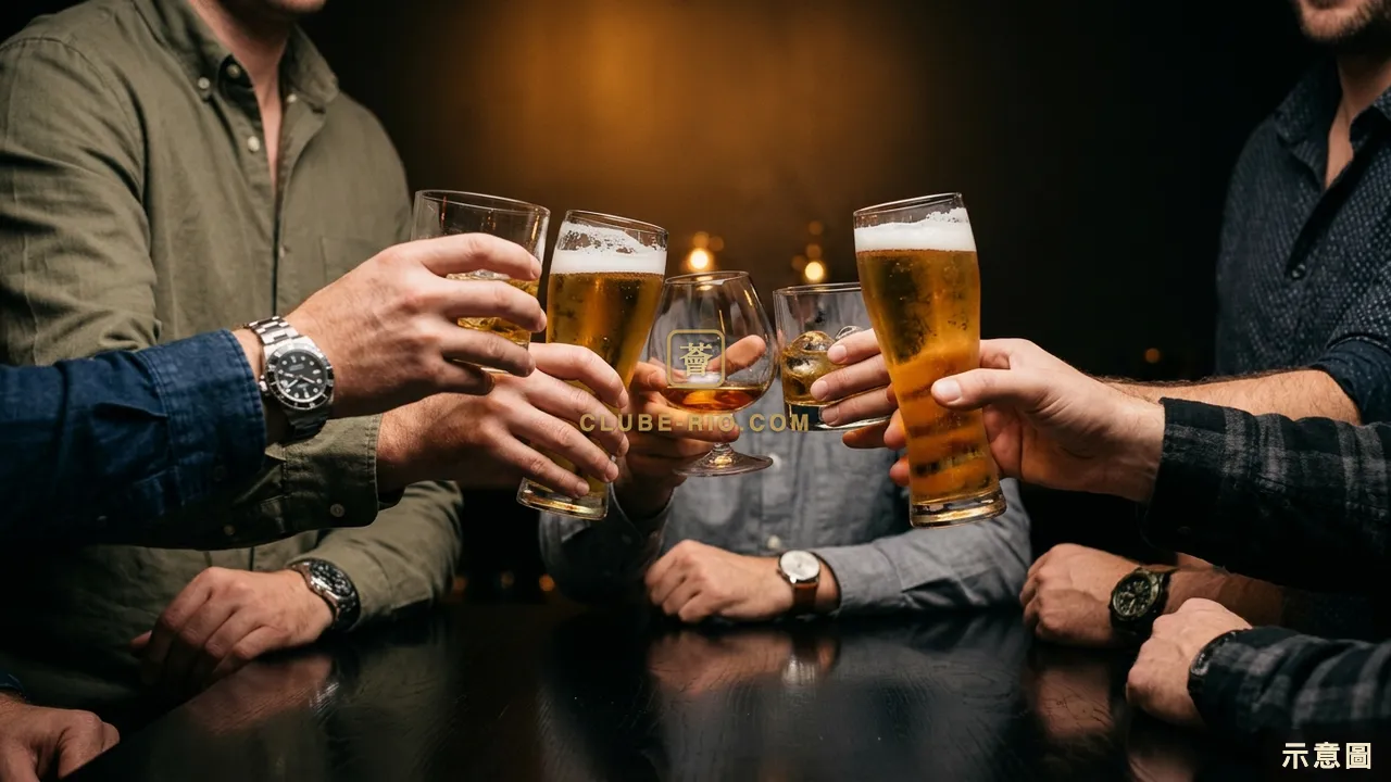 示意圖：幾位男士在深色桌面上方舉起啤酒、威士忌與白蘭地酒杯，背後是暖黃燈光下的深色牆面